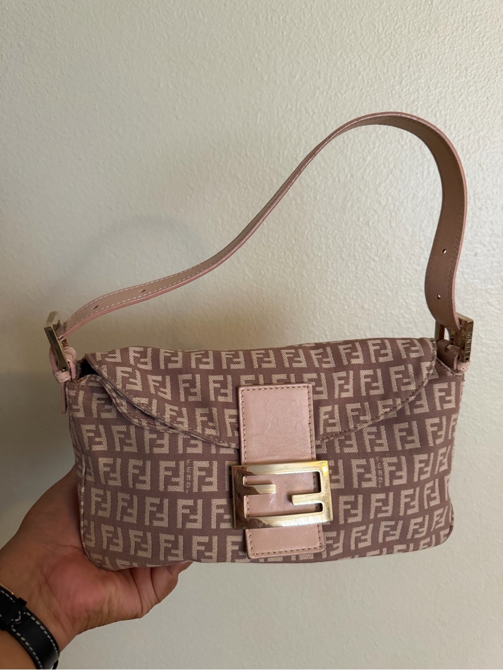 Fendi Pale Pink FF Logo Shoulder Baguette Bag